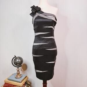 Vintage Cache Mini Dress Bow Shoulder Layered Metallic 90s Size 2 Prom Formal
